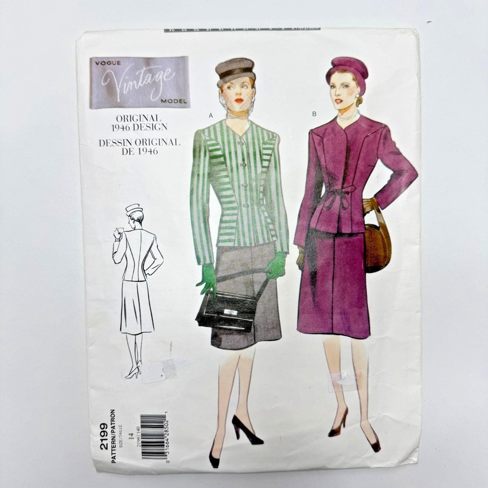 VOGUE 2199‎ Vintage Model Uncut Pattern 1946 Design Suit Jacket Blazer Skirt 14